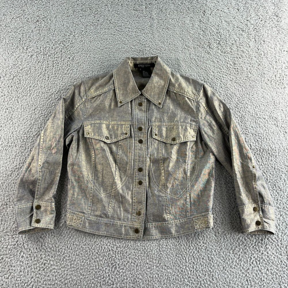 NEW Etcetera Jacket Womens 2 Brown Bomber Linen Blend Metallic Preppy Bronze Y2K
